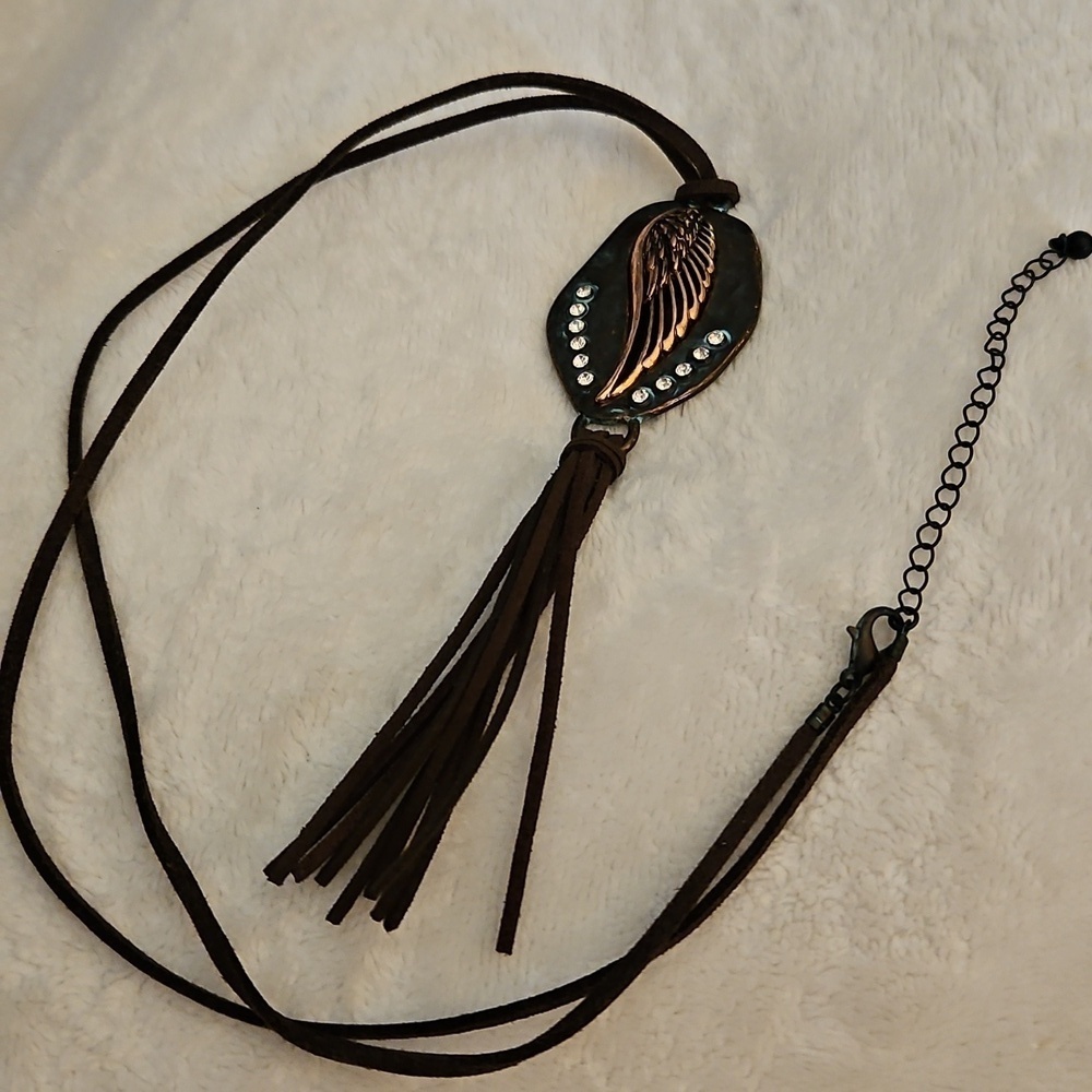 Copper Angel Wing Rhinestone Pendant Long Rope Necklace - Picture 2 of 5